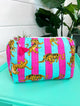 Quilted Pink Blue Striped Tiger Print Makeup Bag | Cosmetics Toiletry Bag